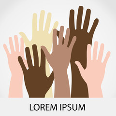 Raised hands up together with different skin tone