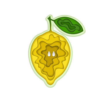 Paper art carving with layered cut out shape of yellow juicy lemon with seeds and leaf. Vector illustration in cut style. For logo, gift cards, web design, invitations. Isolated on white.