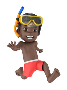 3d render of a kid wearing swimwear and goggles running