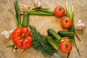 frame made from green onion and decorated with tomatoes, garlic, cucumbers and dill on a beige grunge cement background, copy space for your text