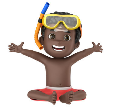 3d render of a kid wearing swimwear and goggles sitting and arms wide open