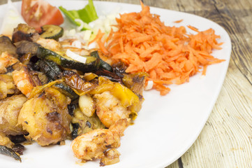 Scrambled prawns with vegetables, freshly cooked at home