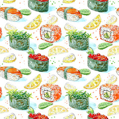 Seamless pattern of a gunkan, sushi and roll. Japanese cuisine.Salmon,red caviar,lemon,wasabi and chuka.Watercolor hand drawn illustration.White background.