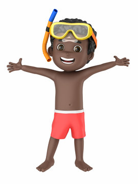 3d render of a kid wearing swimwear and goggles arms with open