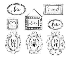 Love greeting cards, posters set with hand drawn frames,borders, hearts. Vector background with hand lettering.