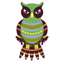 Hand drawn ornamental colorful owl for coloring page and print, stock vector illustration