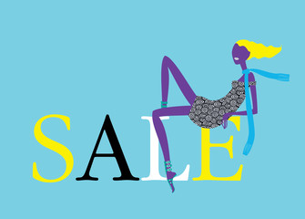 Fashion style girl lying on the Sale letters. Vector illustration