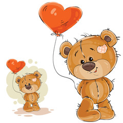Fototapeta premium Vector illustration of a brown teddy bear holding in its paw a red balloon in the shape of a heart. Print, template, design element