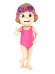 3d render of a kid wearing swimsuit and goggles showing thumbs up sign