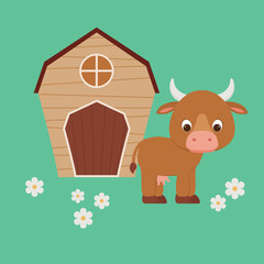 Cute cartoon cow staying in front of barn