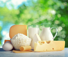 Set of fresh dairy products on color background