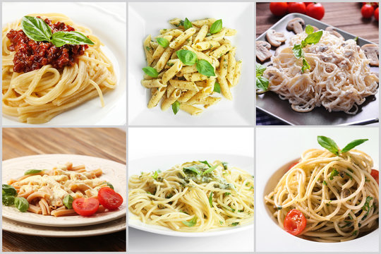 Collage Of Delicious Pasta With Different Sauces