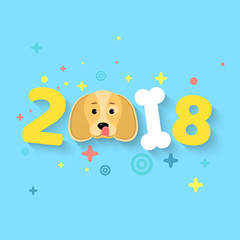 2018 year. The year of the yellow earth dog. The numbers are chaotic. White bone. The falling shadow. The dog lickens. Vector illustration in a flat style