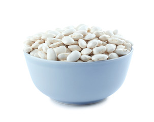 Bowl with butter beans on white background