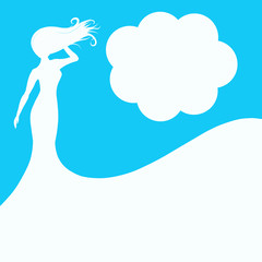 Silhouette of a slender woman on a blue background, summer and wind