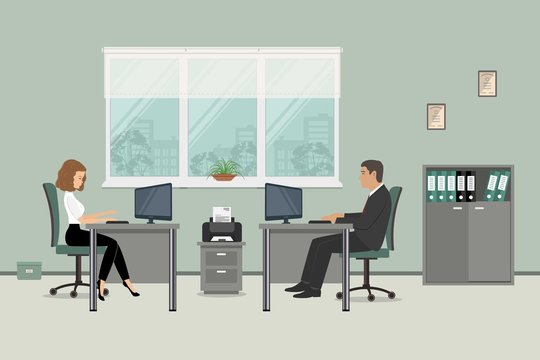 Web banner of two office workers. The young woman and man are an employees at work. There is furniture in a gray color on a windows background in the picture. Vector flat illustration