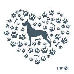 Nice picture of great dane silhouette on a background of dog tracks and bones in the form of heart.