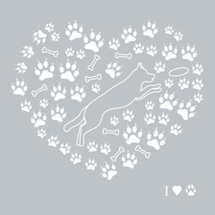 Nice picture of jumping dog silhouette on a background of dog tracks and bones in the form of heart.