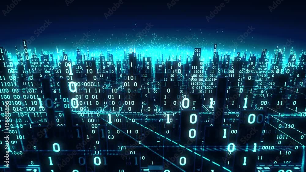 Poster aerial view of abstract futuristic digital city, a high-tech background with binary arrays connected
