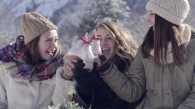 Friends Enjoy A Winter Day Together, They Cheers With Hot Chocolate And Take A Sip 