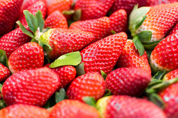 Organic Strawberries Background. Stack of Strawberries Close Up.