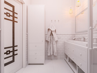 3d illustration of a design bathroom interior in classic Scandinavian style. Visualization of a bathroom without textures and materials in gray tones
