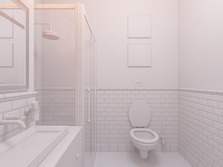 3d illustration of a design bathroom interior in classic Scandinavian style. Visualization of a bathroom without textures and materials in gray tones

