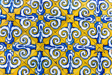 Colorful Vintage Style Ceramic Tile Pattern Texture and Background. Yellow, Blue and White Tiles for Floors and Walls. - 155517953