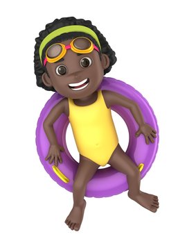 3d render of a kid wearing swimsuit and goggles relaxing on top of a floater