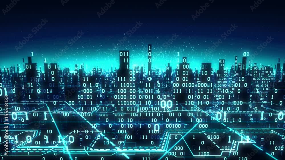 Poster aerial view of abstract futuristic binary city, a high-tech background with digital arrays connected