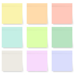 Set of blank pastel and colorful sticky notes isolated on white background with transparency shadows. Vector illustration.