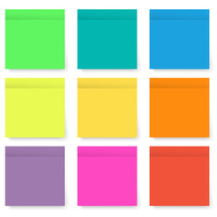 Fototapeta premium Set of blank bright and colorful sticky notes isolated on white background with transparency shadows. Vector illustration.