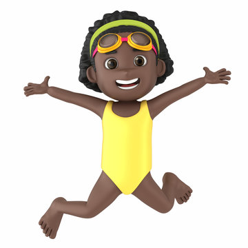 3d render of a kid wearing swimsuit and goggles jumping