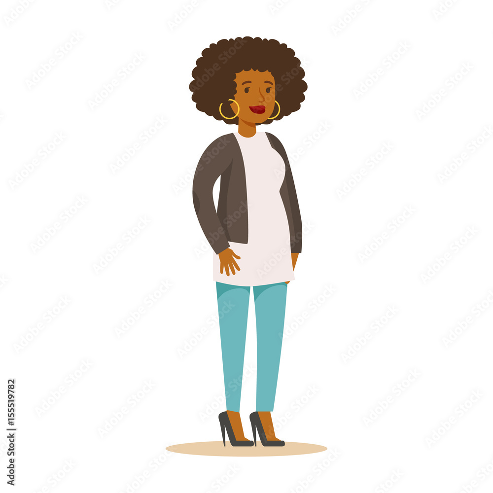 Wall mural Casual African American girl with curly hair and big earrings. Colorful cartoon character vector Illustration