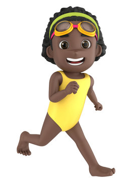 3d render of a kid wearing swimsuit and goggles running