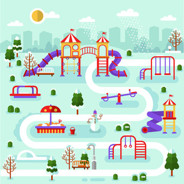 Flat design winter nature landscape of park map with kids playground. Infographics of winter entertainment for children. Vector illustration with snowman, swing, slides, rink, sandbox, snow, road.
