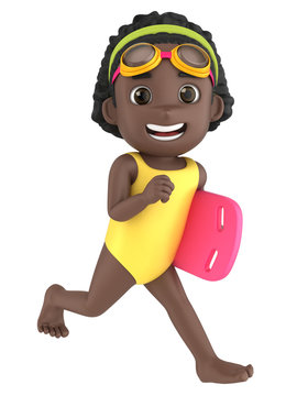 3d render of a kid wearing swimsuit and goggles running with a floater
