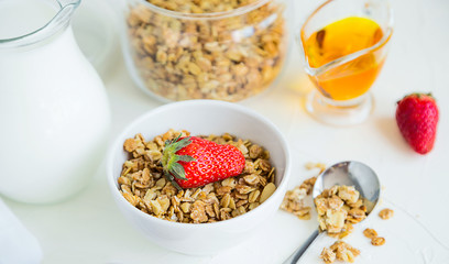 Granola with Strawberries Milk and Honey Breakfast Healthy Food