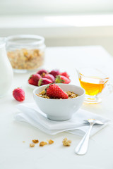 Granola with Strawberries Milk and Honey Breakfast Healthy Food