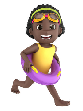 3d render of a kid wearing swimsuit and goggles running with a floater