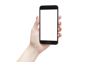 Female hand holding black smartphone with empty screen on white background