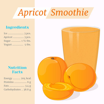 Apricot smoothie recipe. Menu element for cafe or restaurant with ingridients and nutrition facts in cartoon style. For healthy life. Organic raw shake. Vector illustration.