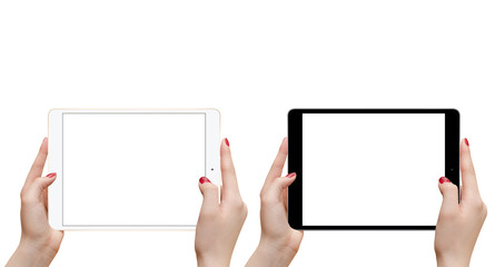 Female hands holding black and white tablet isolated on white background