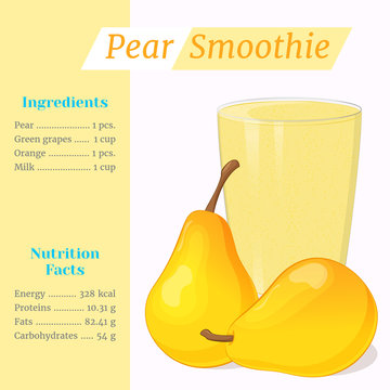 Pear smoothie recipe. Menu element for cafe or restaurant with ingridients and nutrition facts in cartoon style. For healthy life. Organic raw shake. Vector illustration.