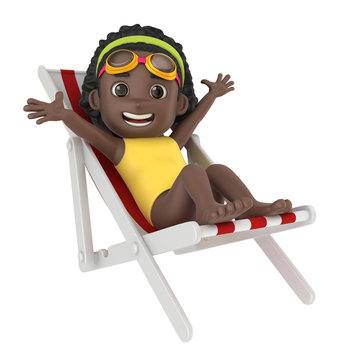3d render of a kid wearing swimsuit and goggles sitting on a parasol