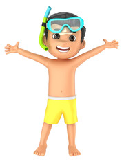 3d render of a kid wearing swimwear and goggles arms with open