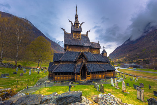 Borgund, Norway - May 14, 2017: The Stave Church of Borgund in Laerdal, Norway