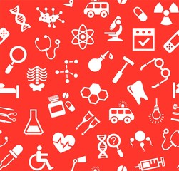 Medicine, red background, flat, seamless, vector.  Medical services specialization. The profession of doctors. Medical instruments. White, flat pictures on a red field. Vector background.  