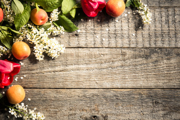 Spring flowers, apricots on wooden background. Copy space. Selective focus.