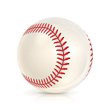 Baseball Leather Ball Isolated On White. SoftBall Base Ball. Shiny Baseball Ball. Sport Leather Ball. Vector Illustration